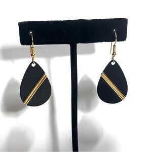 Black w Gold Tone Stripe Guitar Pick Teardrop Dangle Earrings